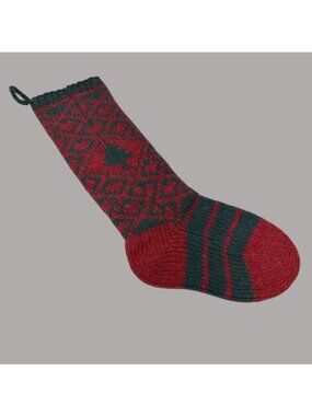 Vintage Hand-Knitted Christmas Stocking Tree Diamond Design Red Green Wool 20 In